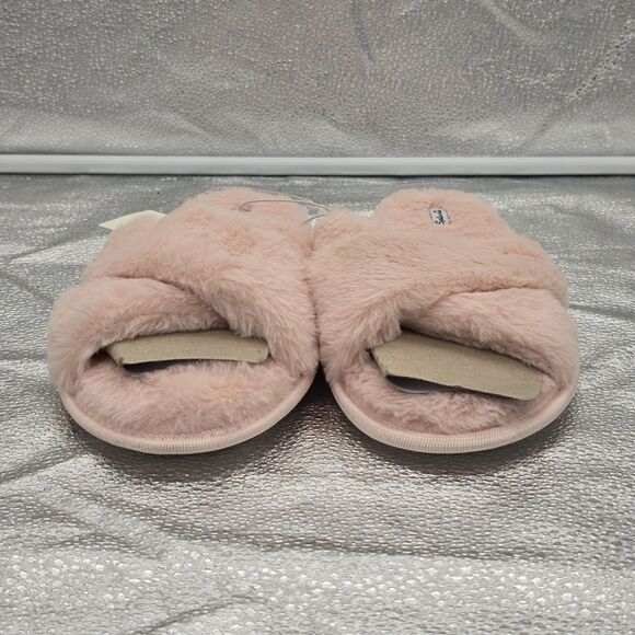 NWT Splendid Faux Fur Fuzzy Fluffy Pink Criss Cross Open Toe Slippers Medium - Picture 2 of 7
